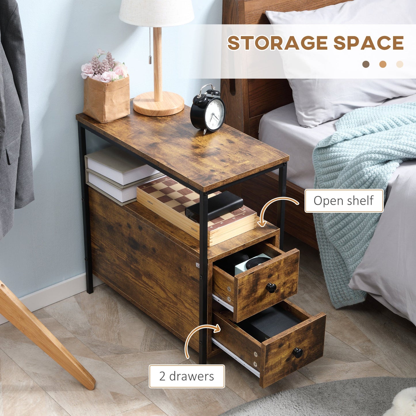 Set of 2 Side Table, Narrow Bedside Table with 2 Drawers and Storage Shelf, Industrial End Table with Metal Frame for Small Spaces, Rustic Brown