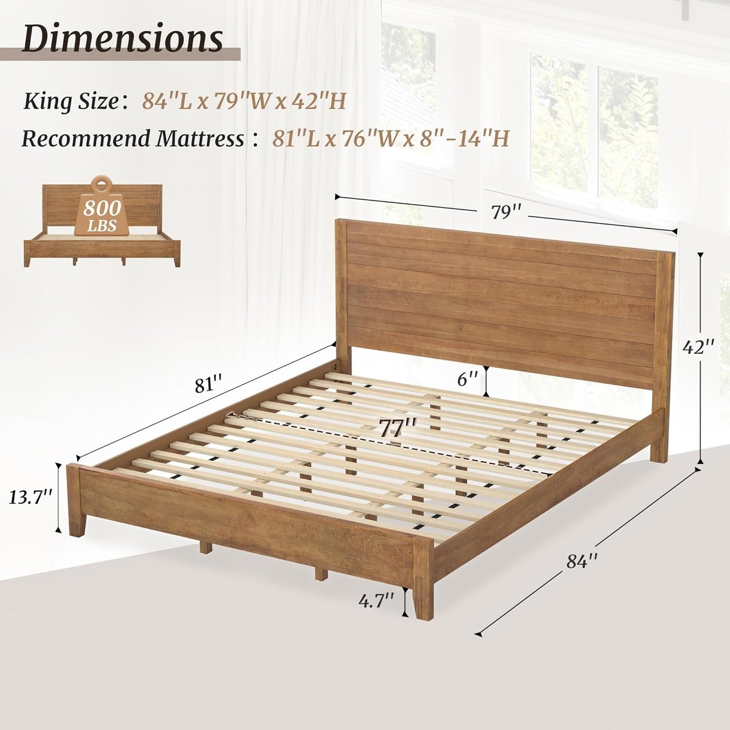 King Size Acacia Wood Platform Bed Frame With Headboard