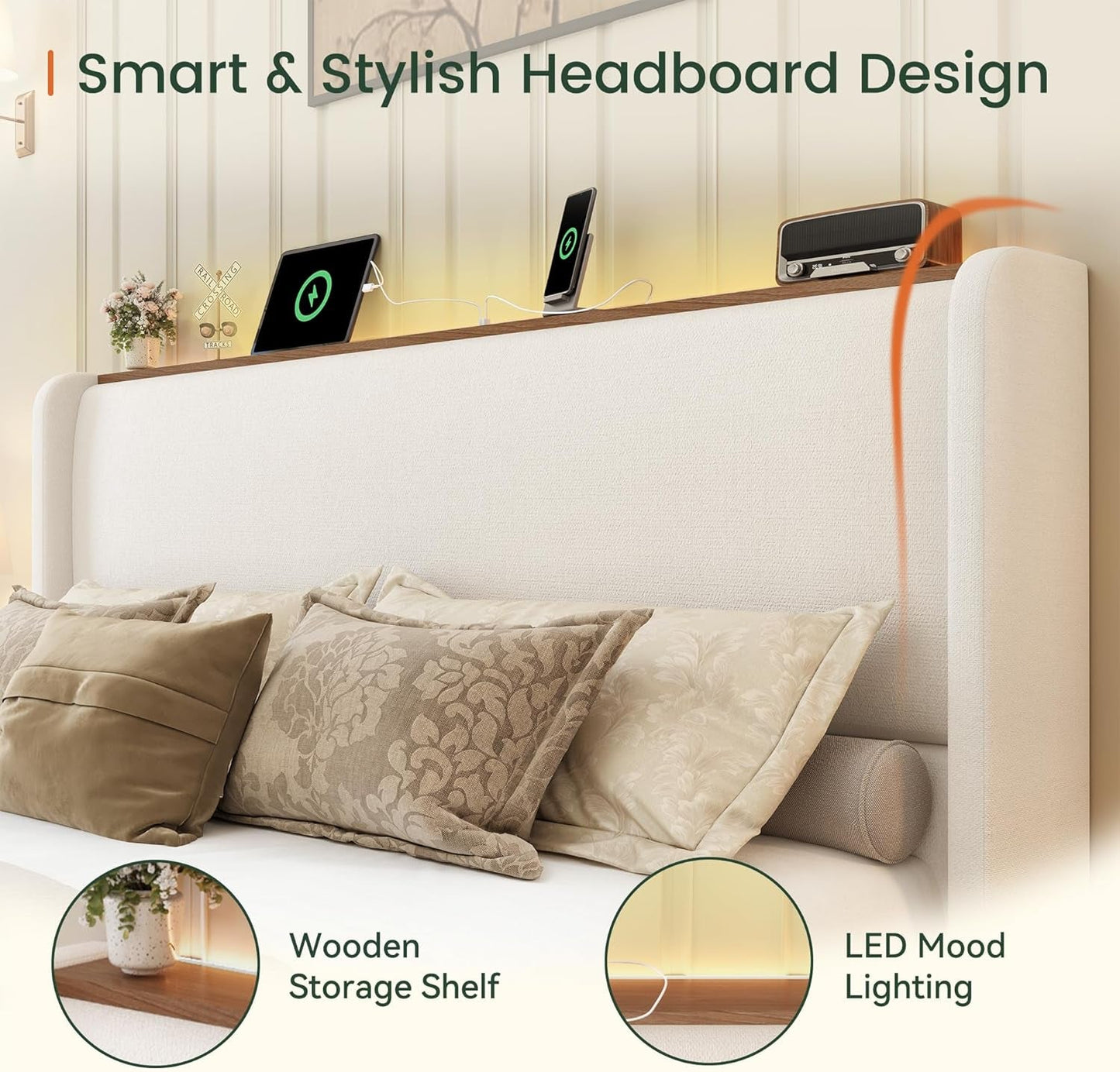 Queen Size Upholstered Bed Frame With LED Lights And USB