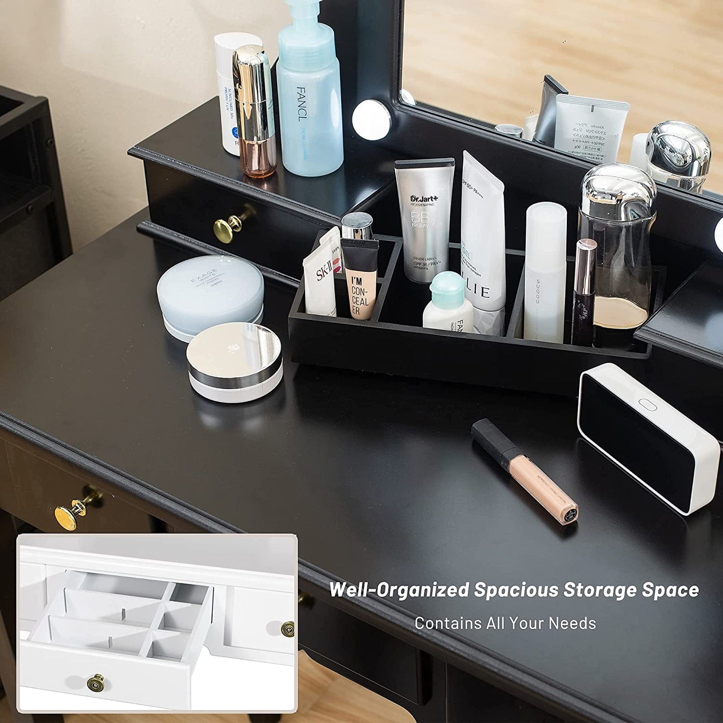 Black Tri Fold Makeup Vanity With Lights And Mirror