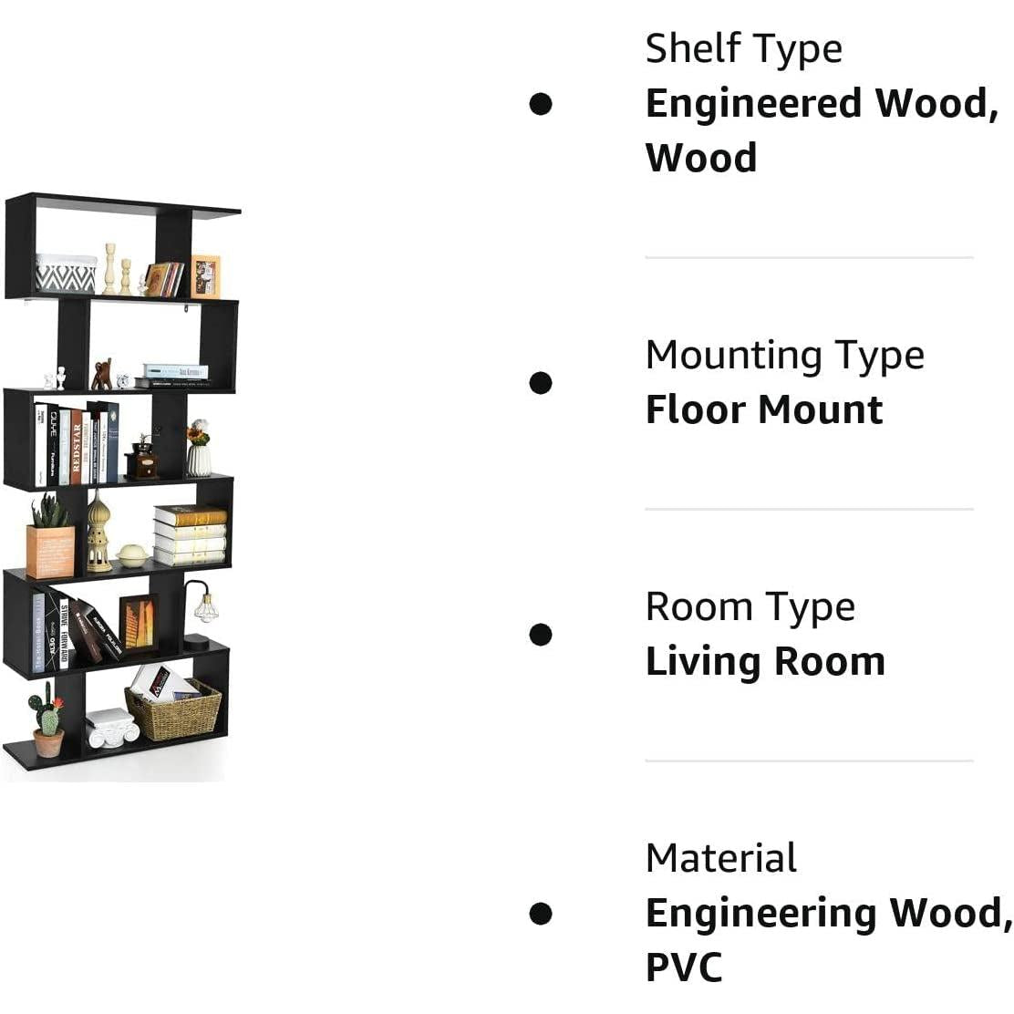S Shaped Wooden Bookcase With Anti Toppling Device Six Tier