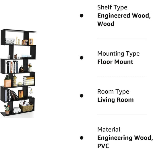 S Shaped Wooden Bookcase With Anti Toppling Device Six Tier