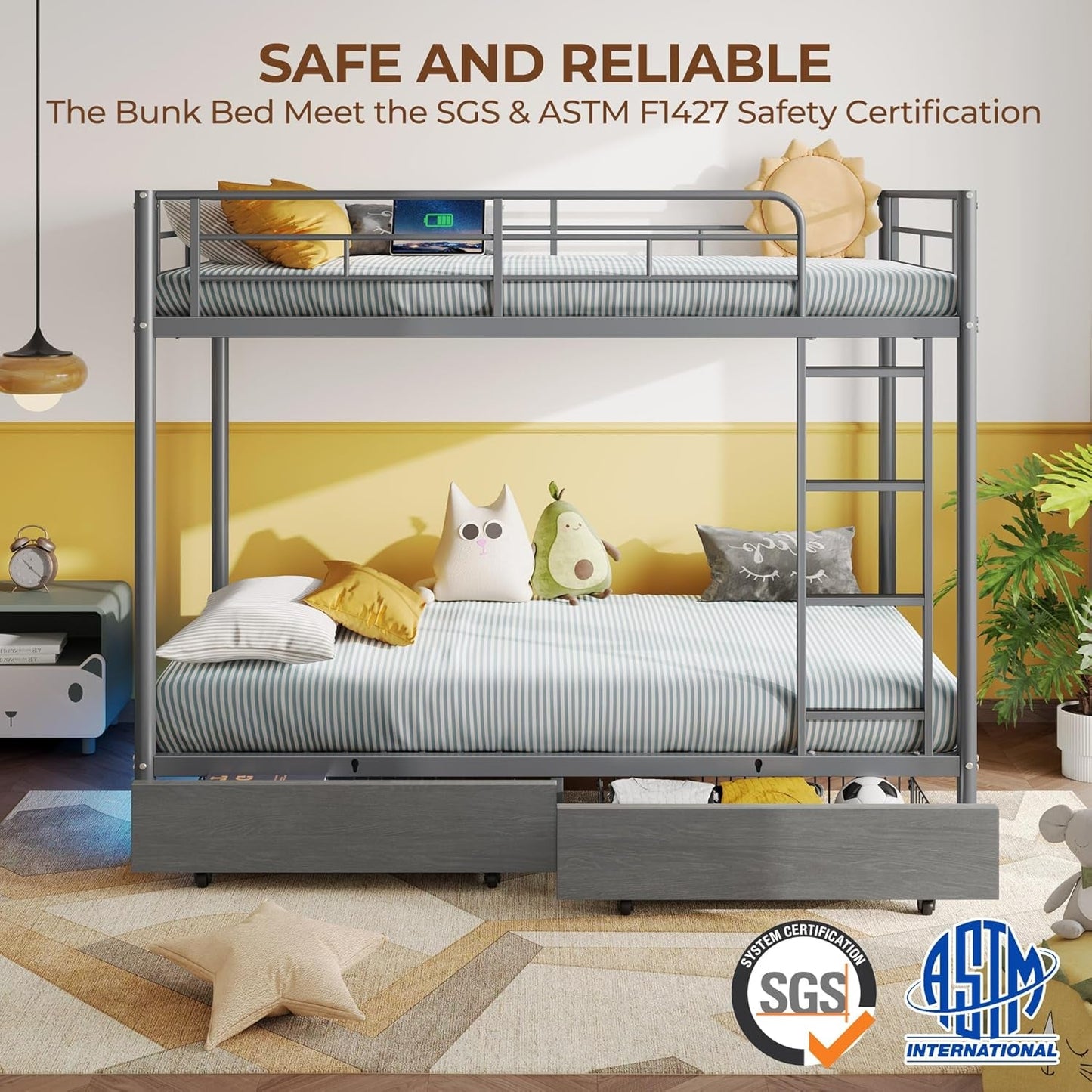 Grey Metal Twin Bunk Bed With USB Charging And Drawers