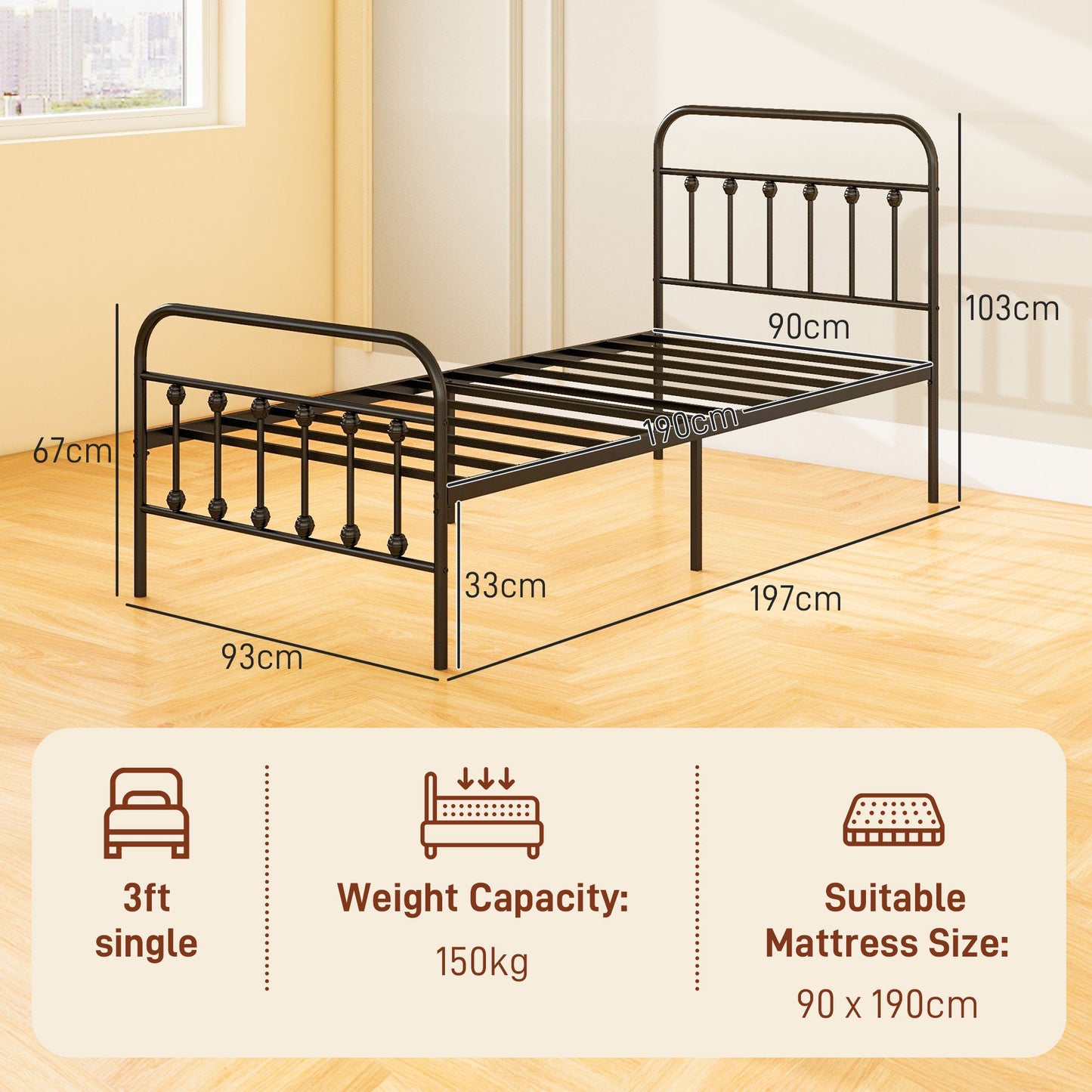 Single Minimalistic Metal Bed Frame - Strong Powder Coated Steel - Black