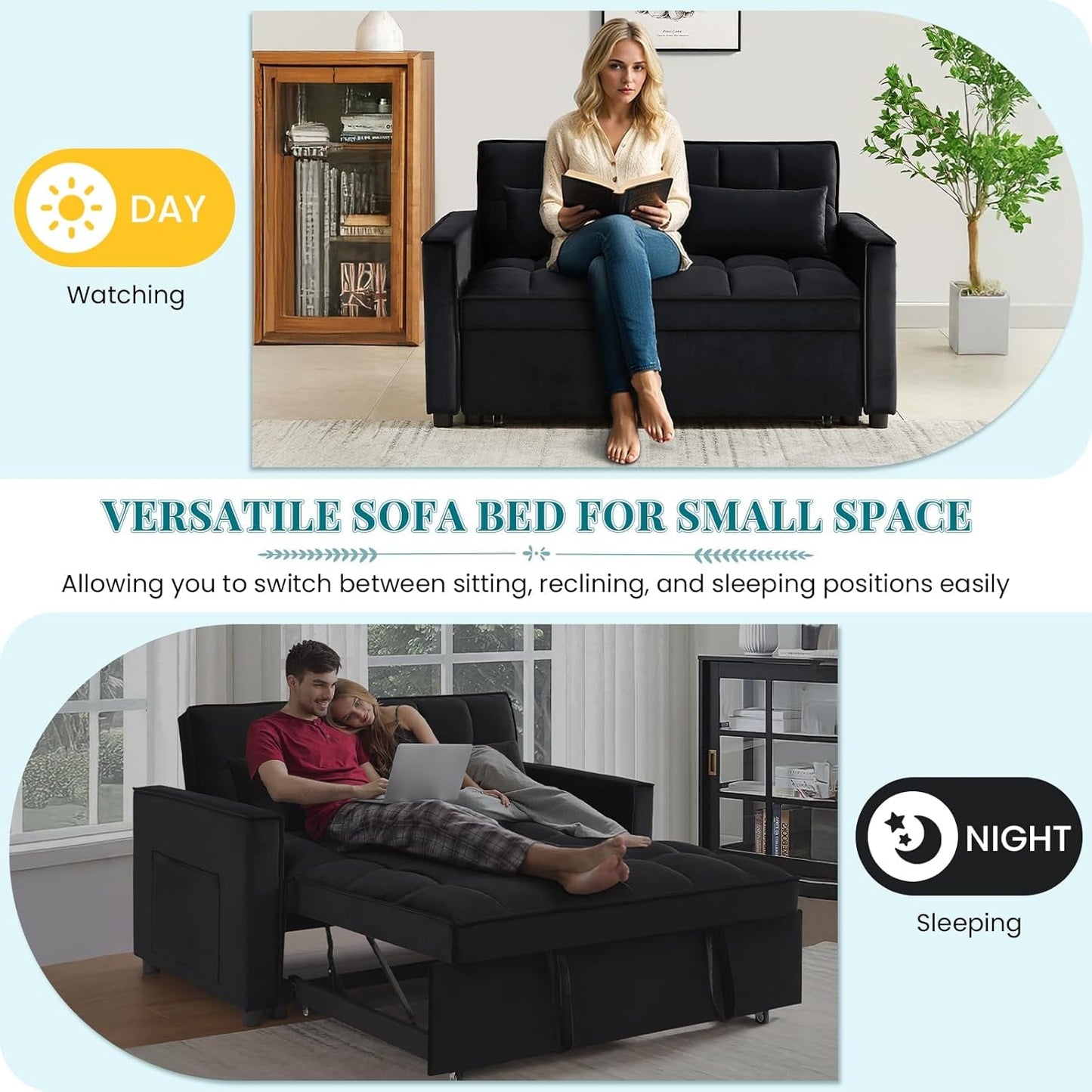 Modern Velvet 3 in 1 Convertible Sleeper Sofa Bed
