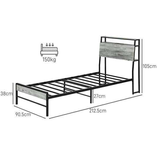 Single Steel Bed Frame with LED Lights and Headboard Shelf - Grey