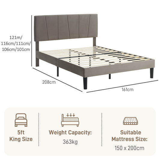 King Velvet-Feel Bed Frame with Adjustable Headboard - Grey