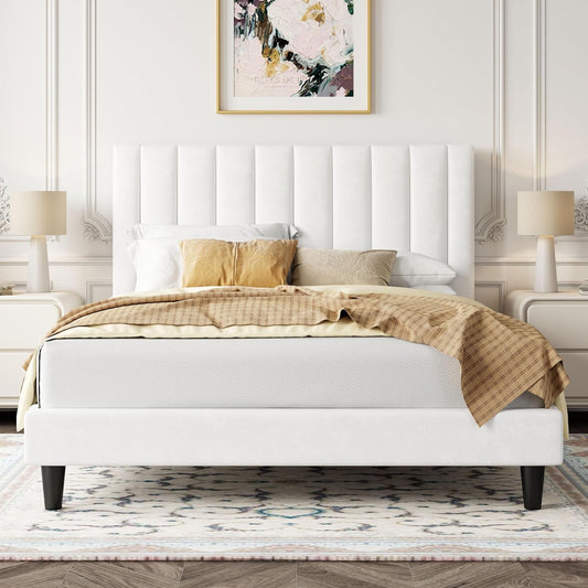 Queen Velvet Upholstered Bed Frame With Tufted Headboard