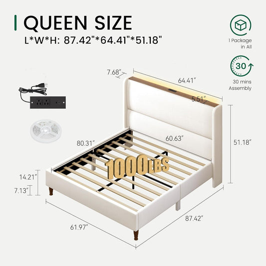 Queen Size Upholstered Bed Frame With LED Lights And USB