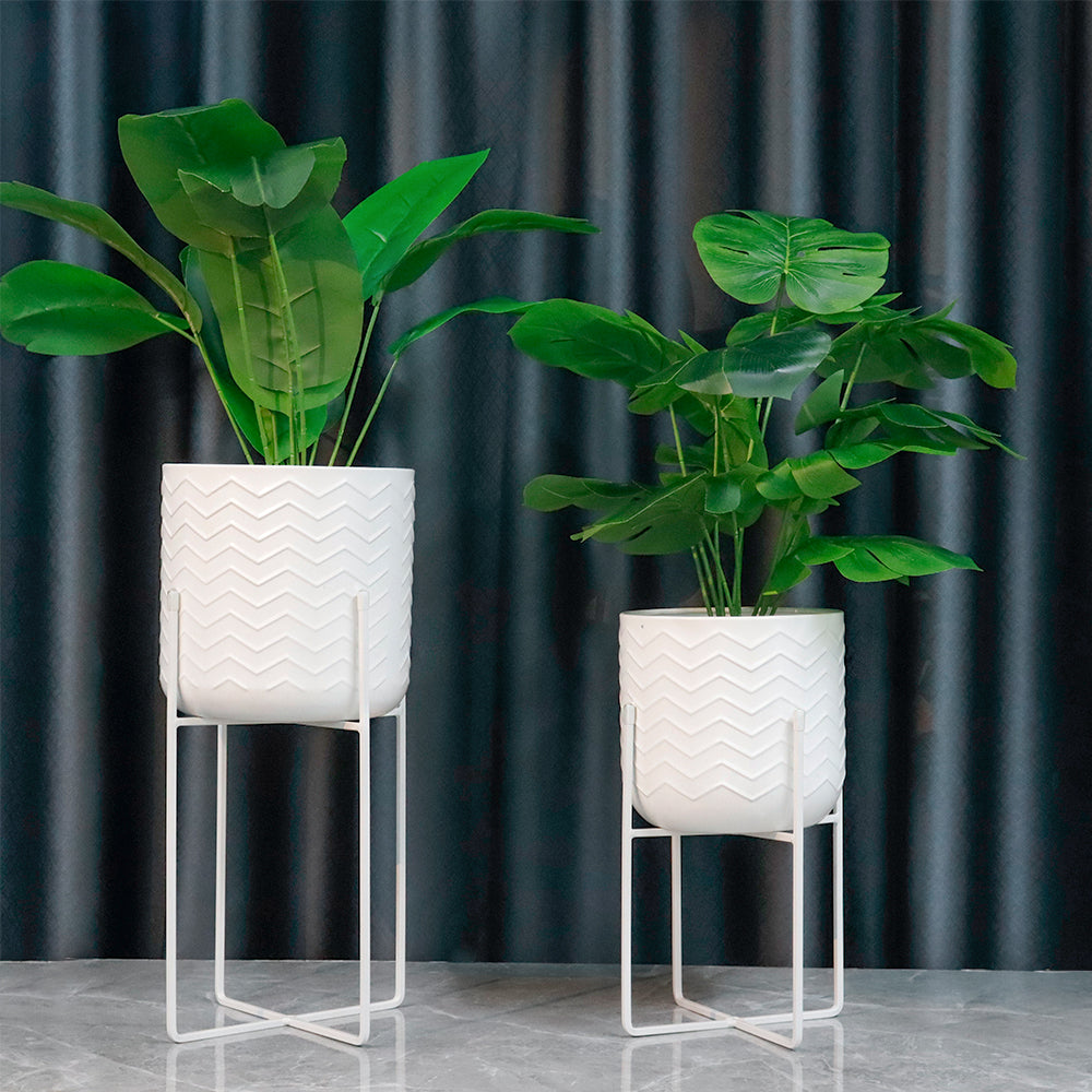 Set of 2 Planters With Stand 17&12 " Tall Flower Pots (Bright White)