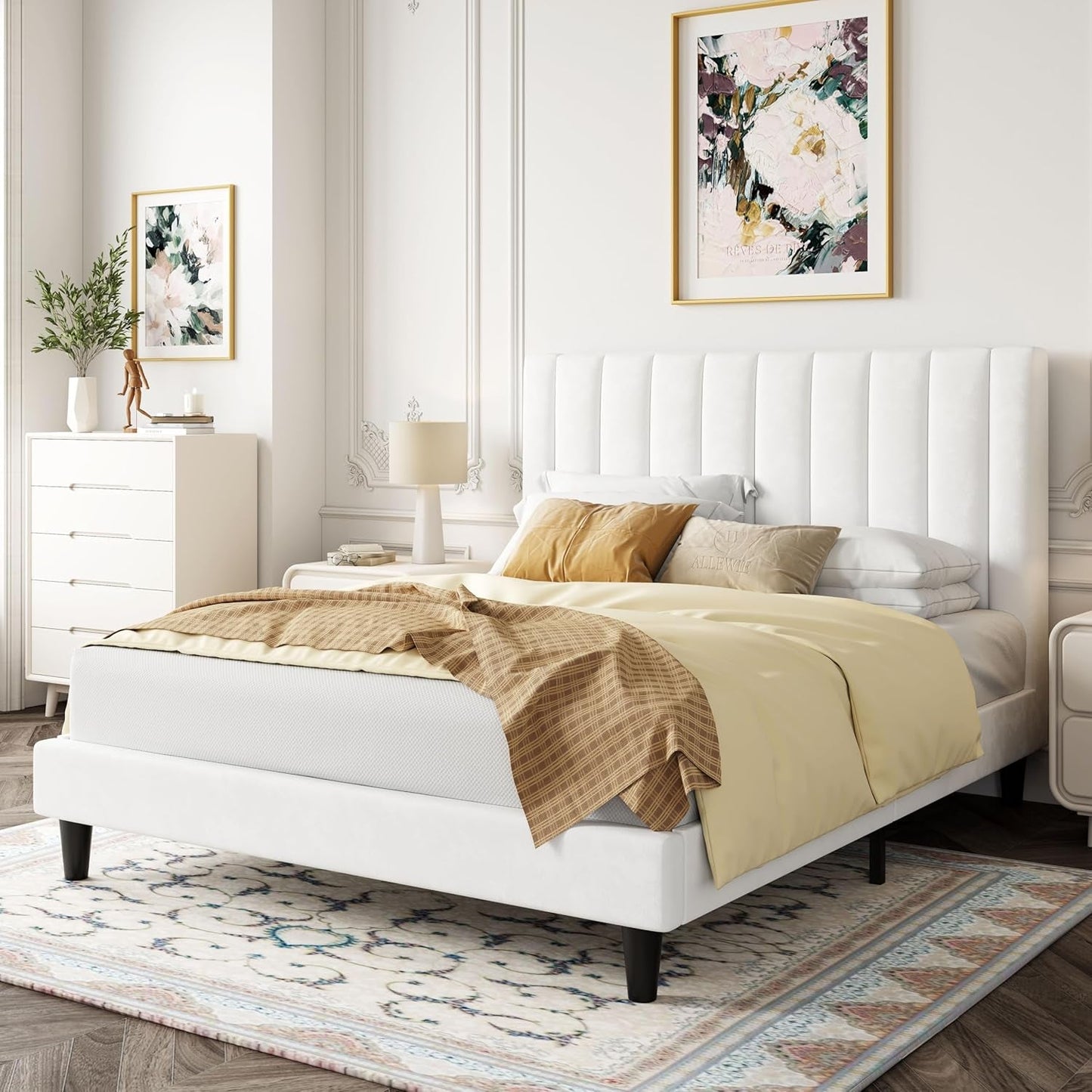Queen Velvet Upholstered Bed Frame With Tufted Headboard