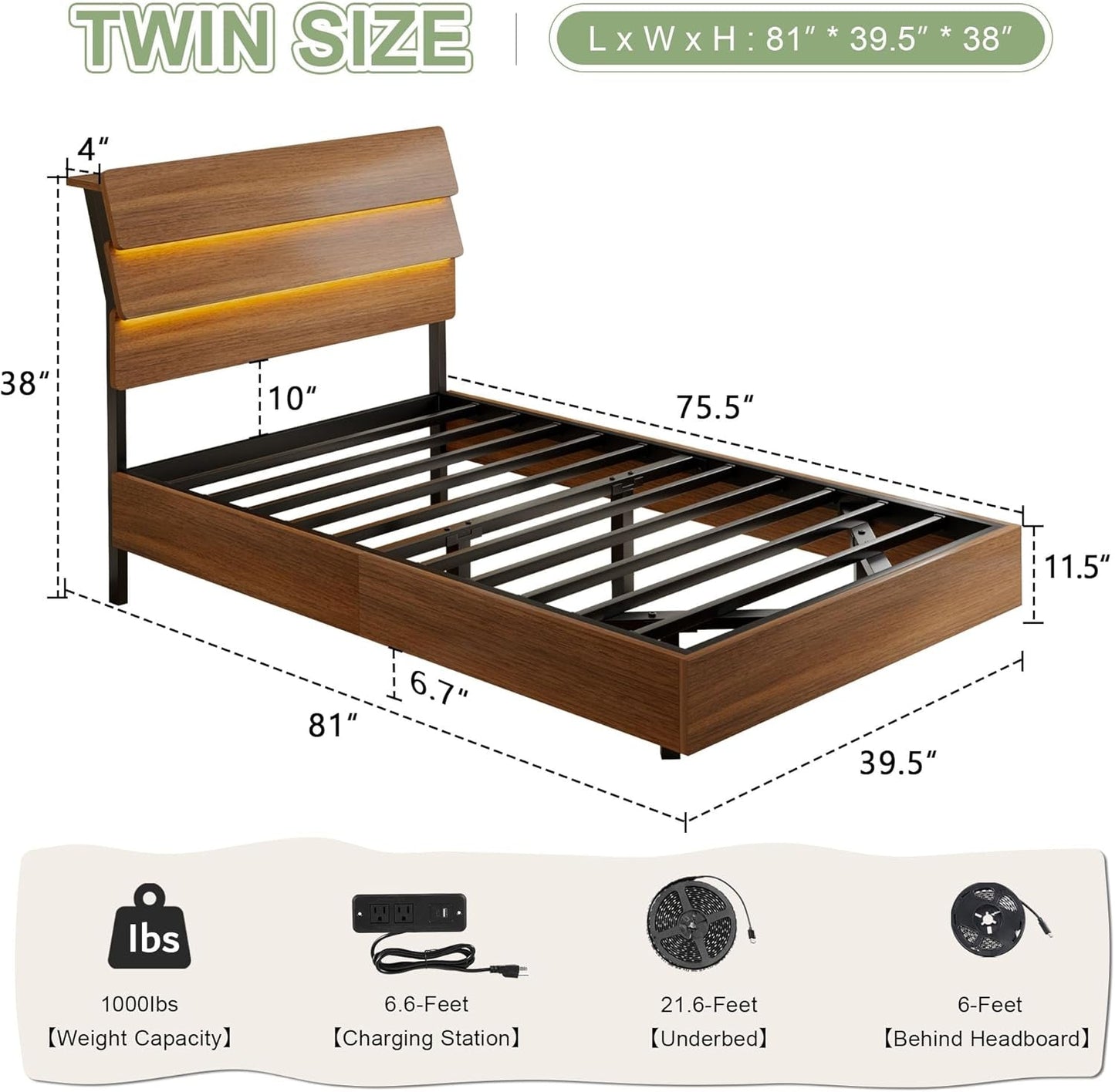 Twin Size Floating Bed Frame With RGB LED Lighting