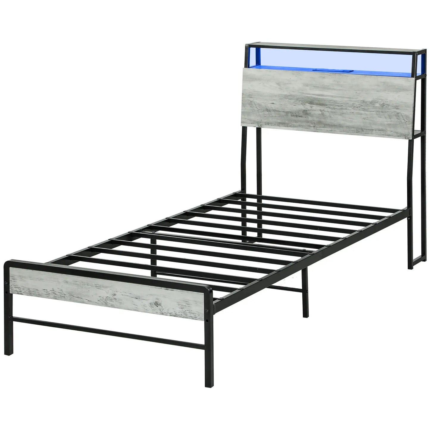 Single Steel Bed Frame with LED Lights and Headboard Shelf - Grey