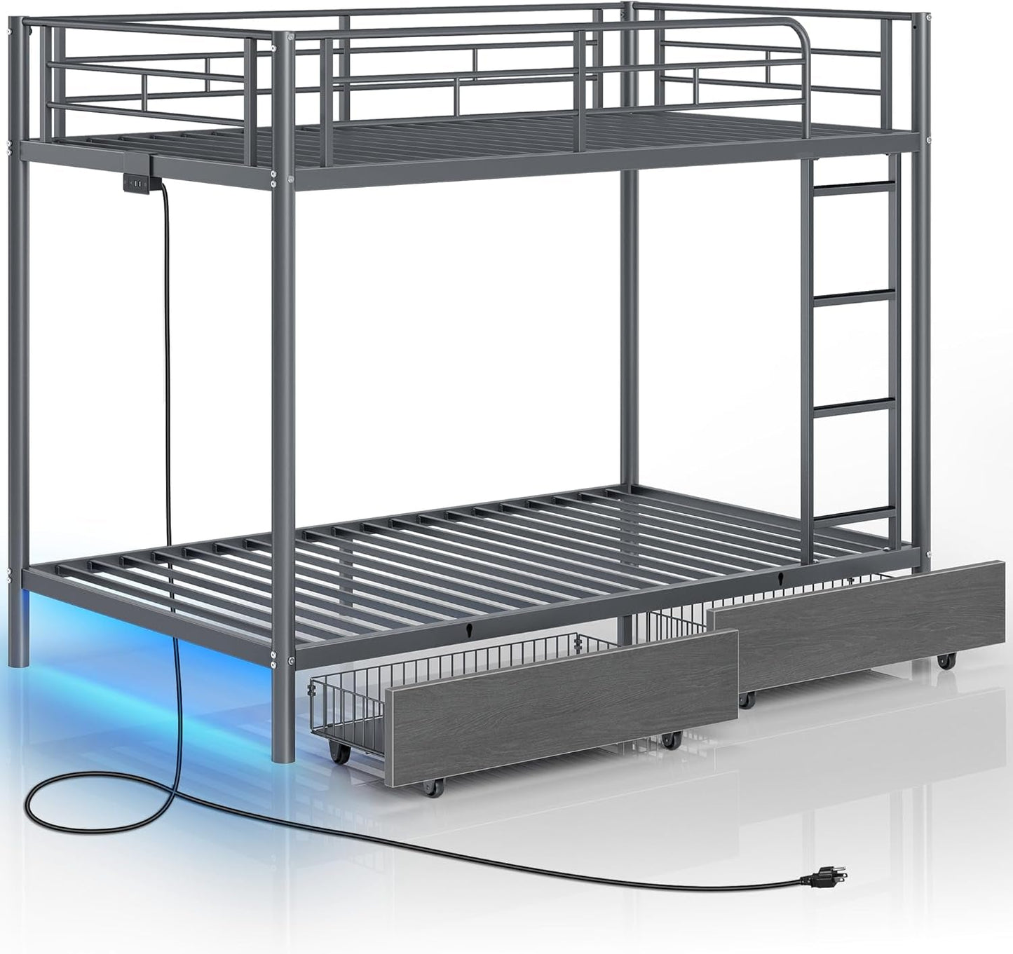 Grey Metal Twin Bunk Bed With USB Charging And Drawers
