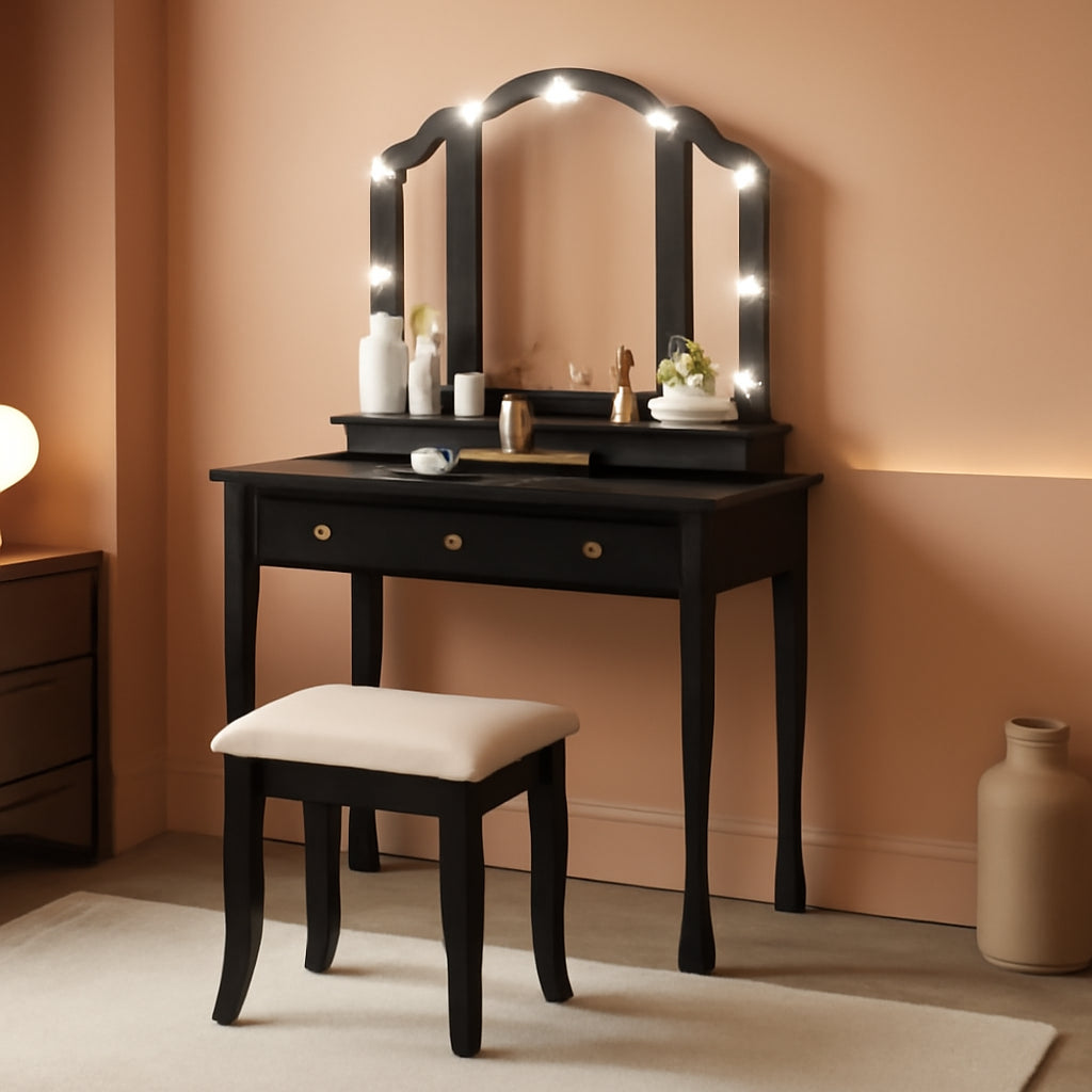 Black Tri Fold Makeup Vanity With Lights And Mirror