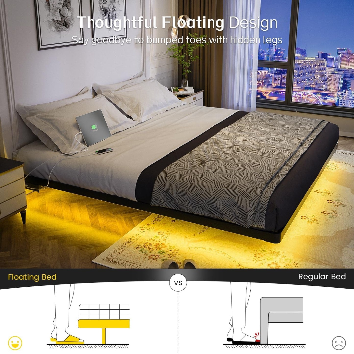 King Size Floating Bed Frame With Integrated LED Lighting