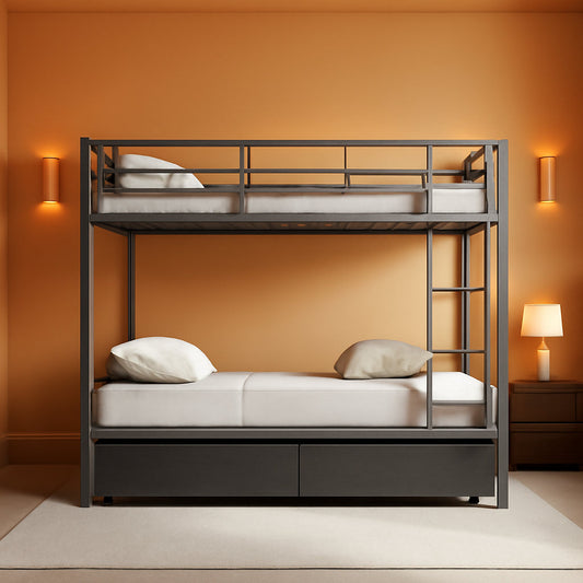 Grey Metal Twin Bunk Bed With USB Charging And Drawers