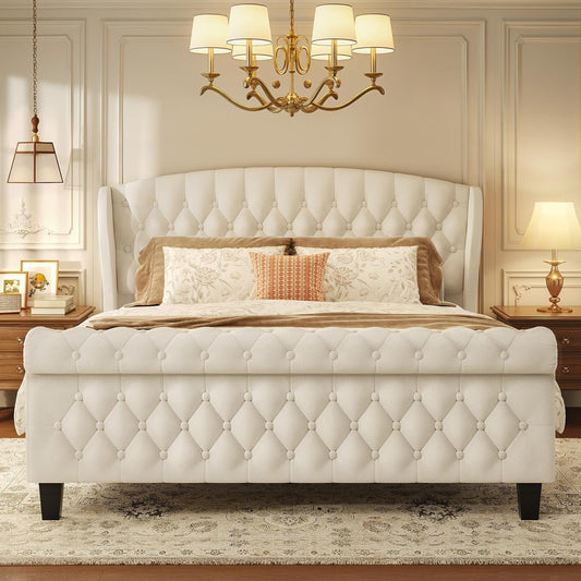 Queen Velvet Sleigh Bed With Wingback Headboard White