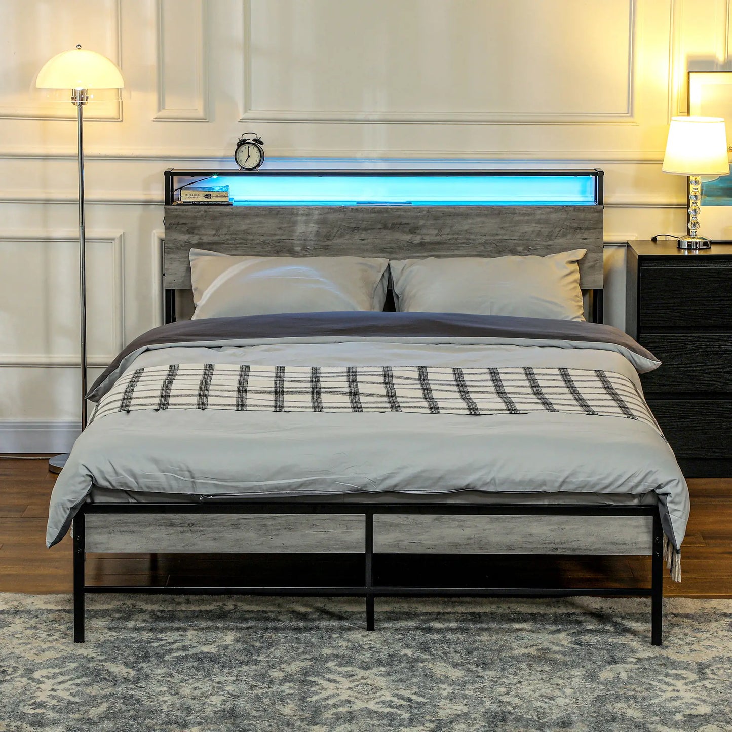 Double Steel Bed Frame with LED Lights and Headboard Shelf - Grey