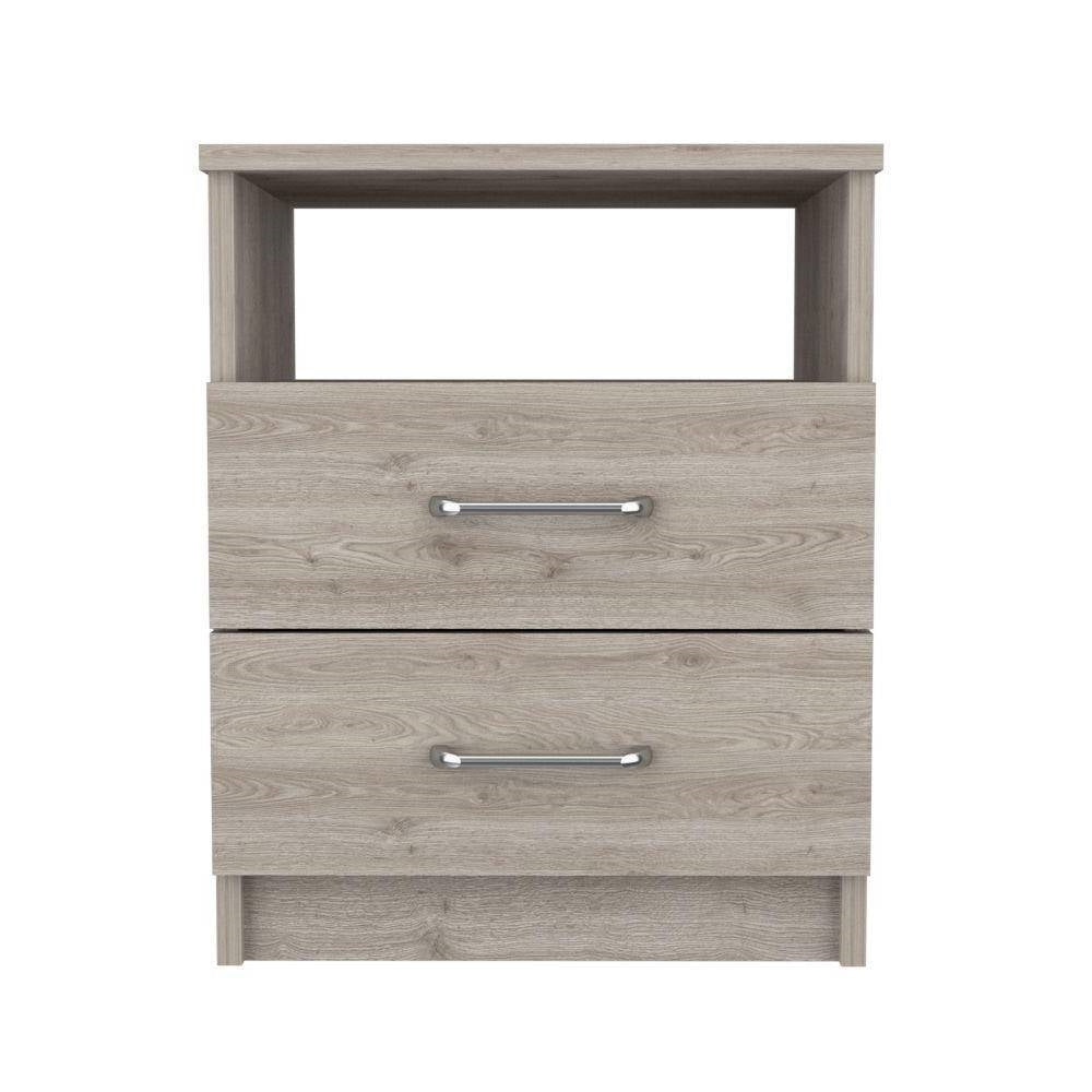 Modern 2-Drawer Nightstand with Open Shelf in Beige Wood Finish