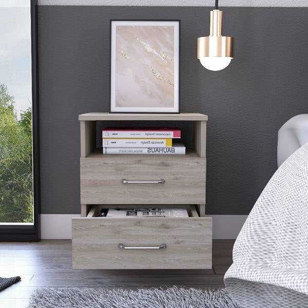 Modern 2-Drawer Nightstand with Open Shelf in Beige Wood Finish
