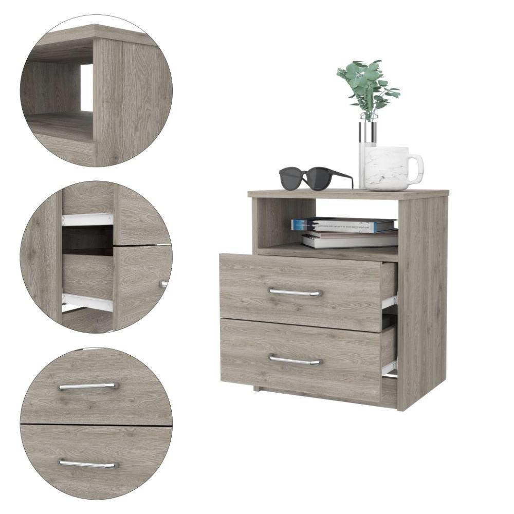 Modern 2-Drawer Nightstand with Open Shelf in Beige Wood Finish