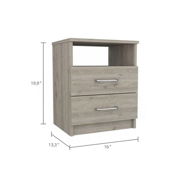 Modern 2-Drawer Nightstand with Open Shelf in Beige Wood Finish