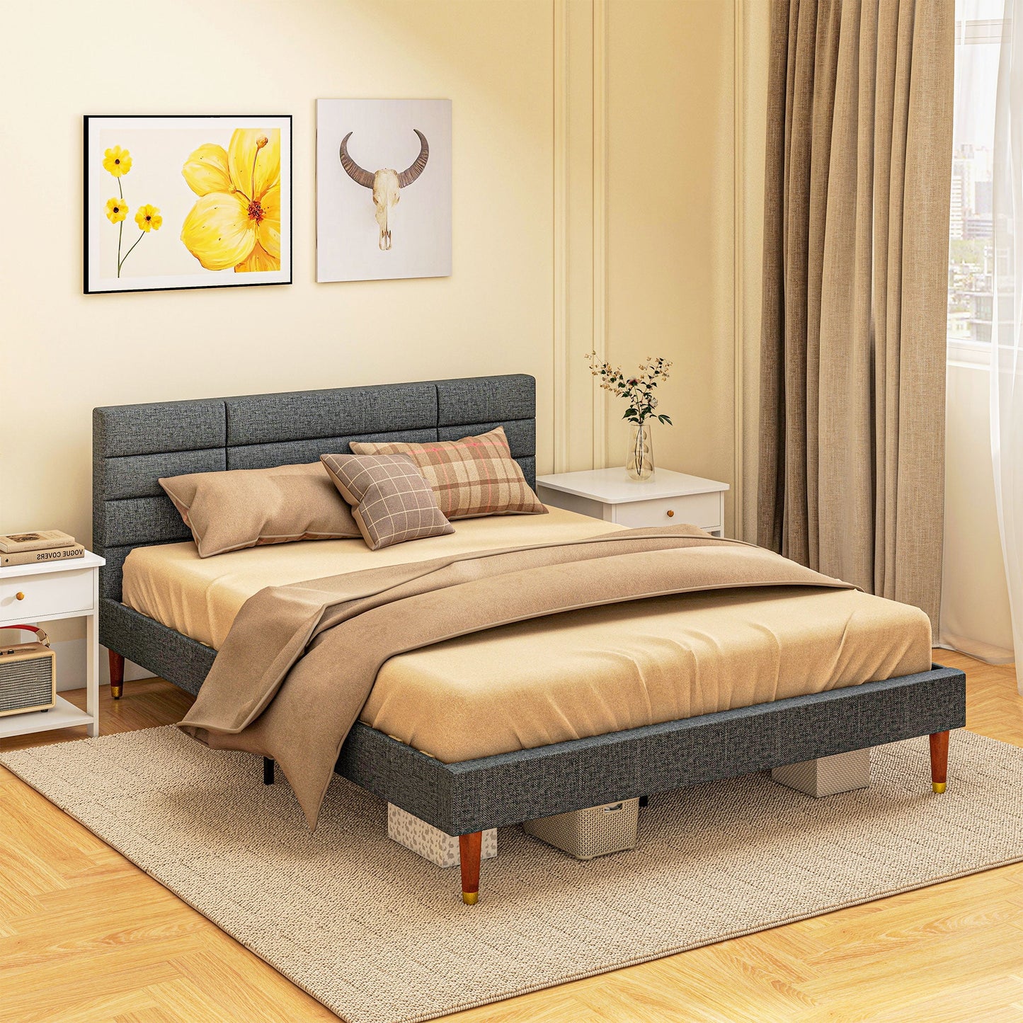 Upholstered King Bed Frame with Wooden Slats - Grey