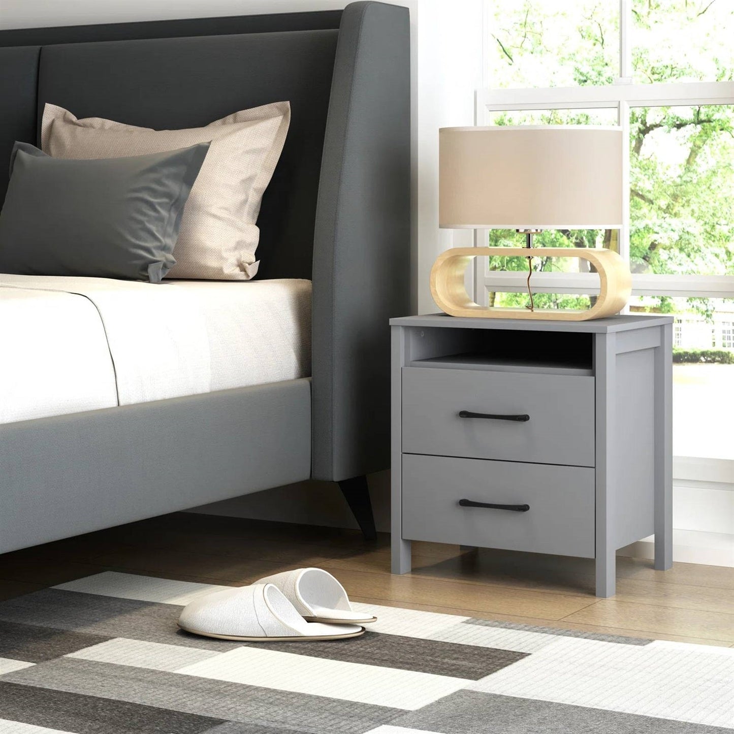 Modern 2-Drawer Bedside Table Nightstand with Open Shelf in Grey Wood Finish