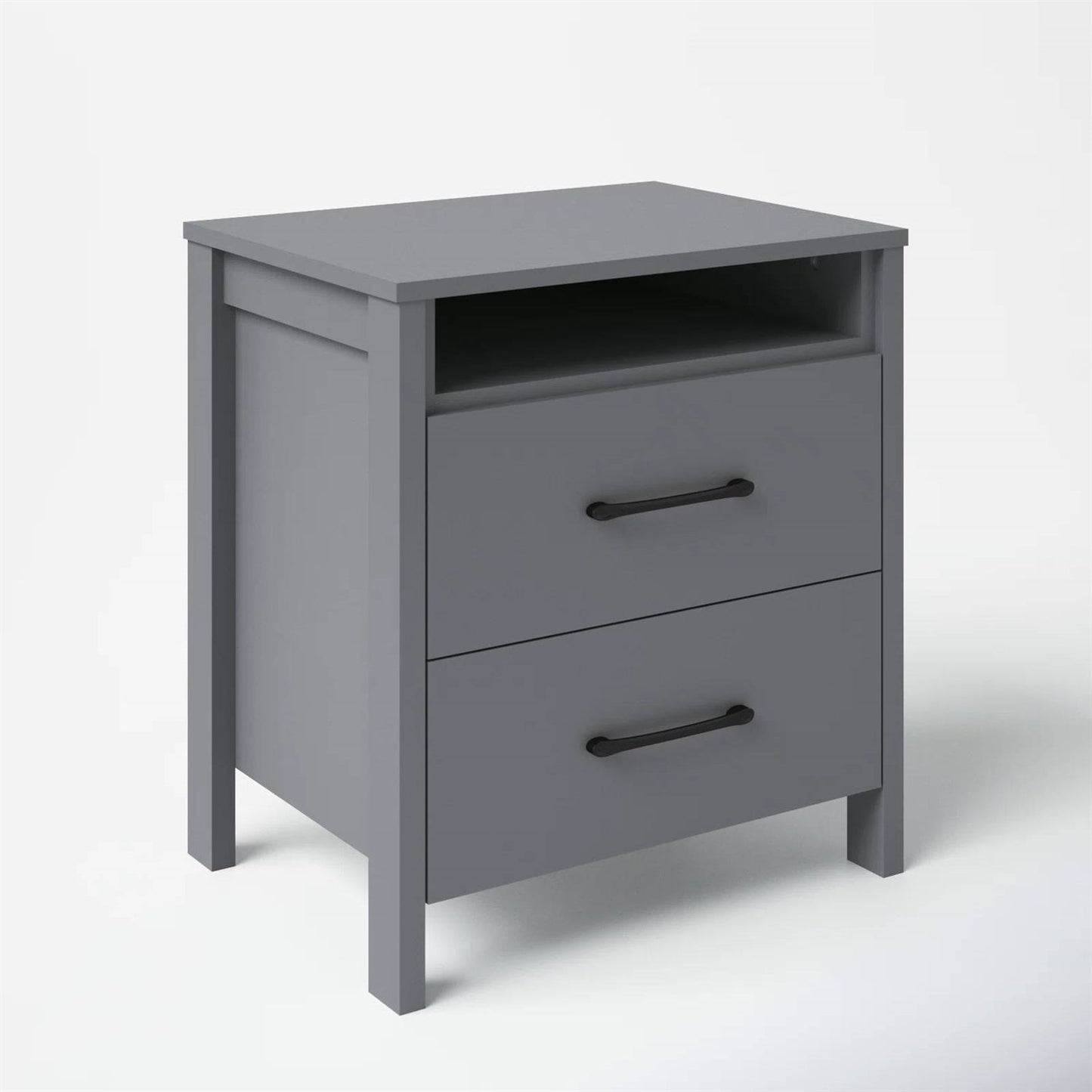 Modern 2-Drawer Bedside Table Nightstand with Open Shelf in Grey Wood Finish