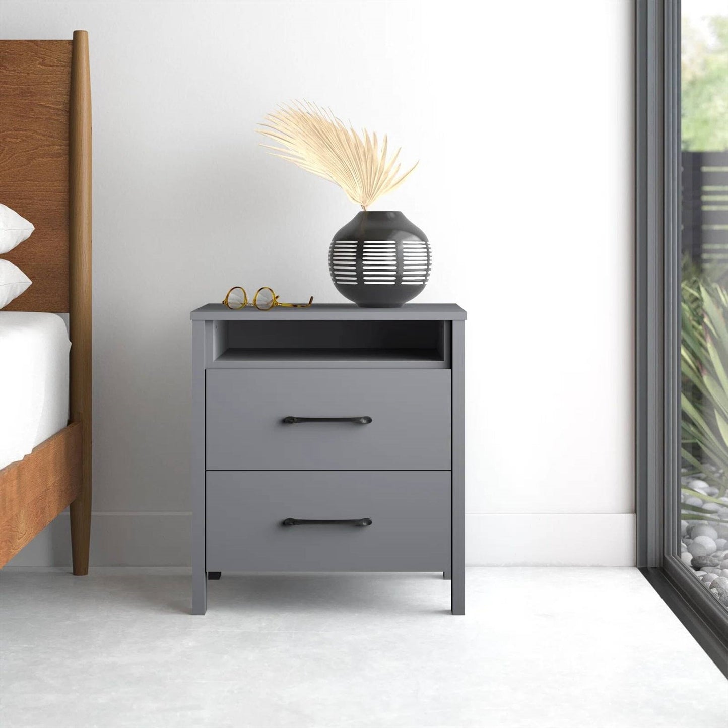 Modern 2-Drawer Bedside Table Nightstand with Open Shelf in Grey Wood Finish