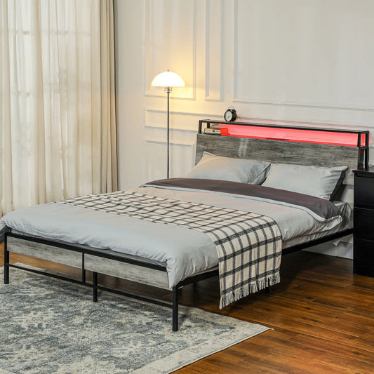 Double Steel Bed Frame with LED Lights and Headboard Shelf - Grey