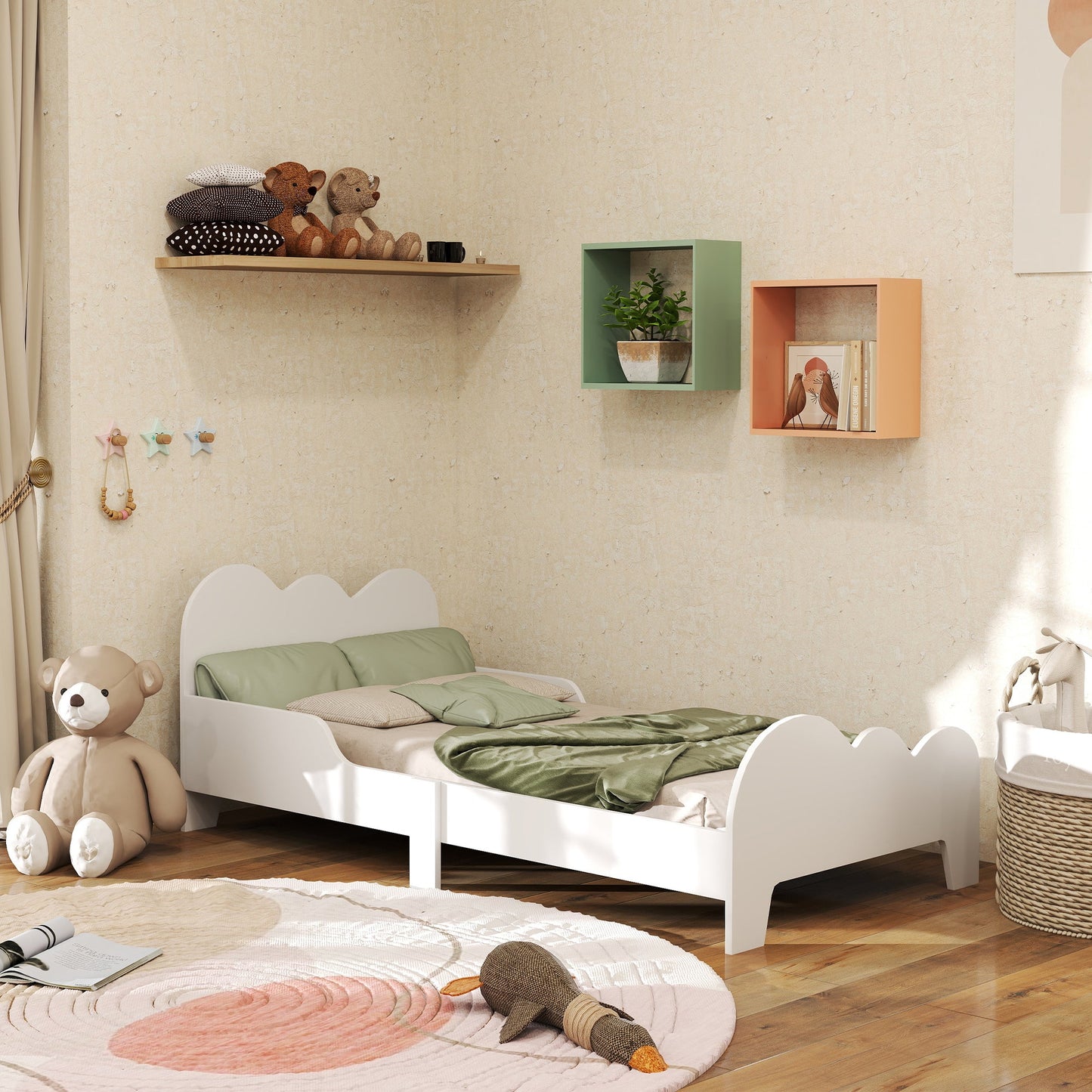 Cloud-Themed Toddler Bed Frame with Safety Rails, 143.5 x 74.5 x 56cm