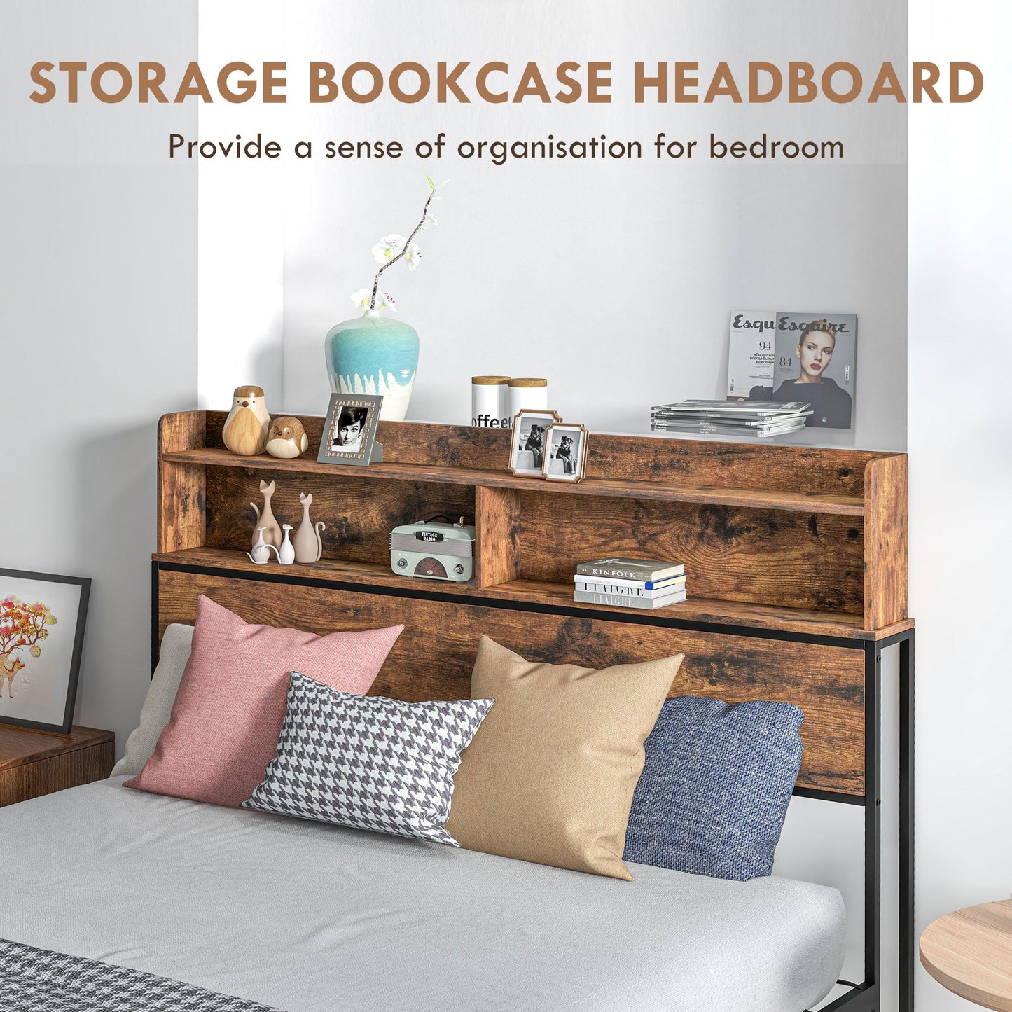 Industrial Double Bed Frame with Storage Headboard - Rustic Brown