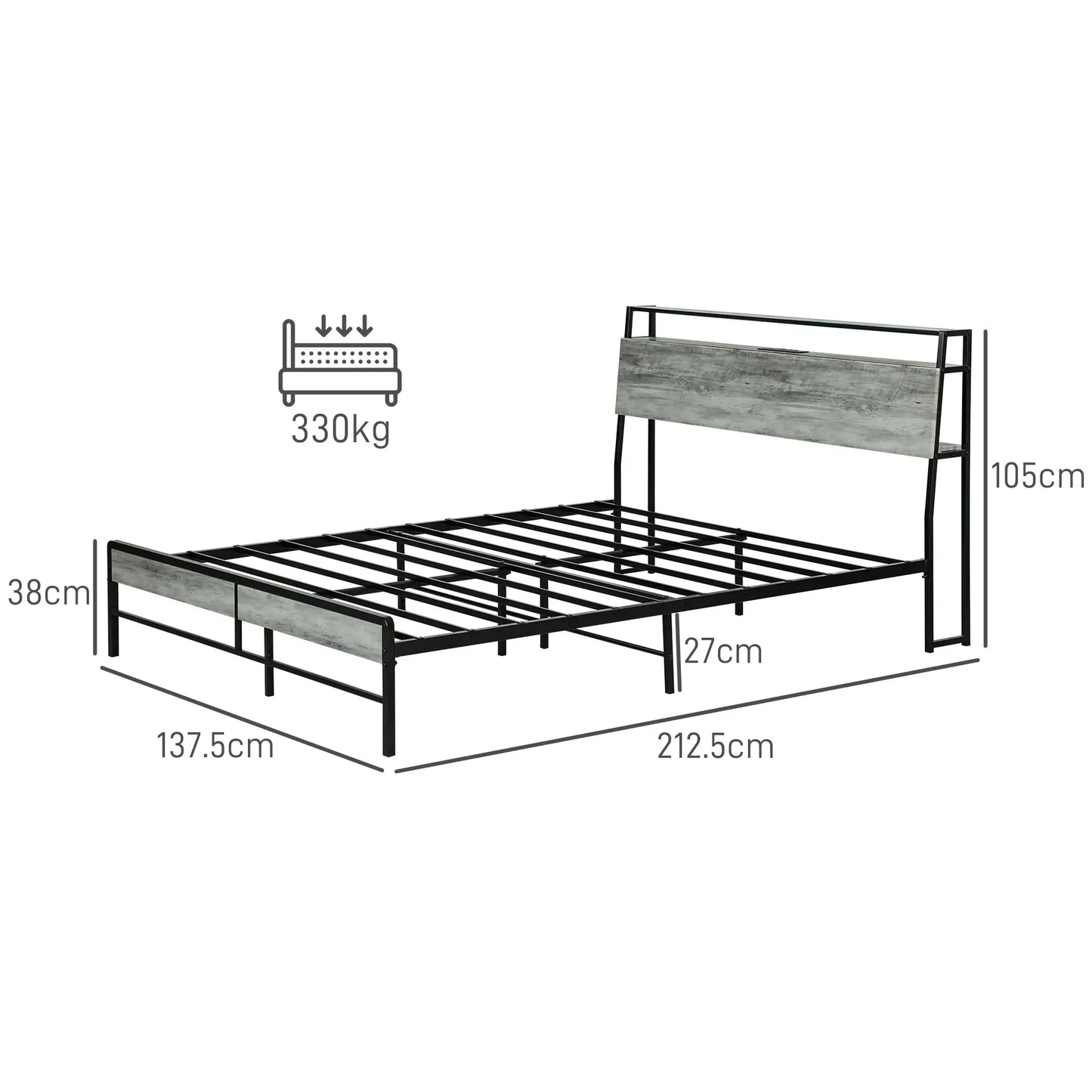 Double Steel Bed Frame with LED Lights and Headboard Shelf - Grey