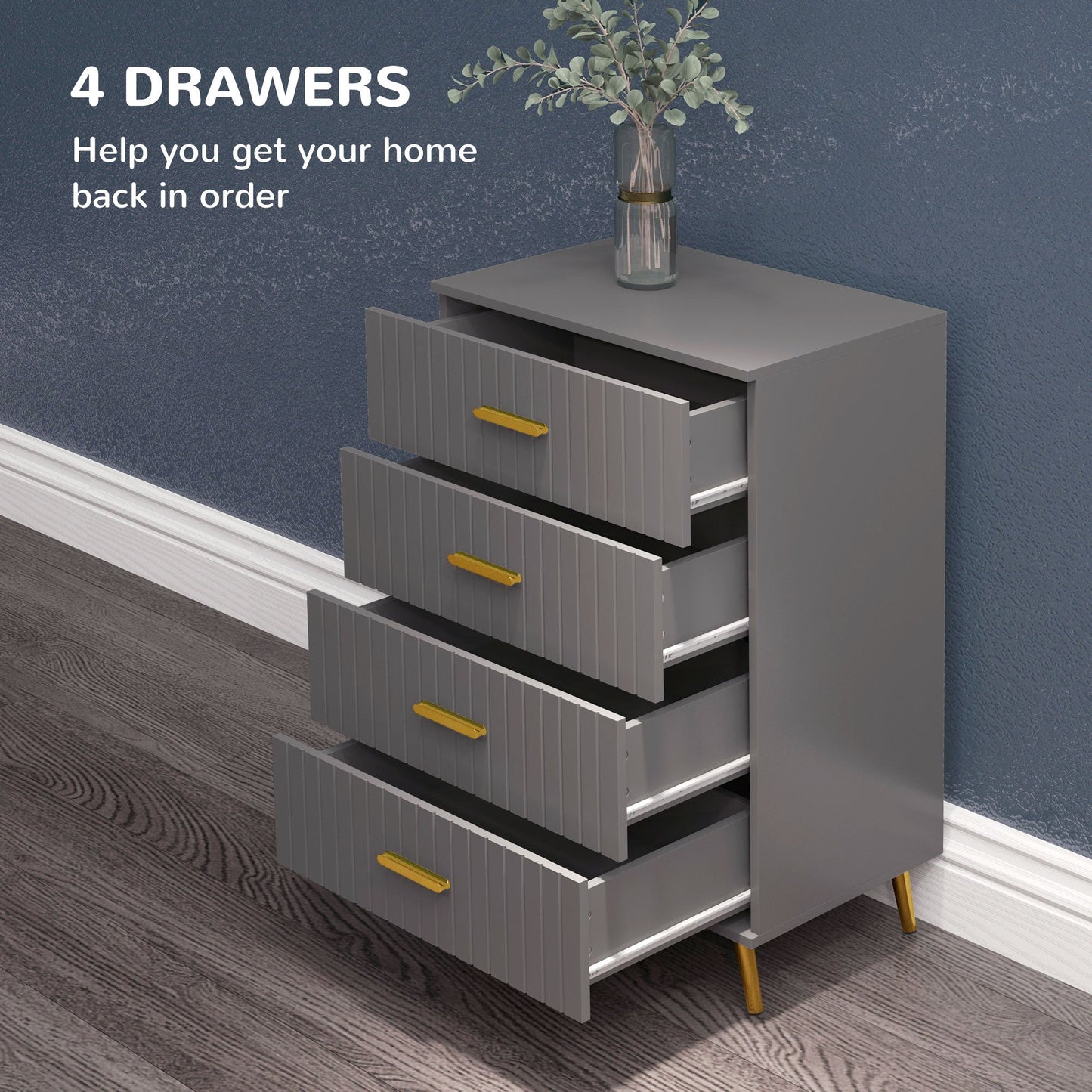 Four Drawer Embossed Line Dresser - Grey/Gold Tone