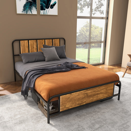 Industrial Style Double Bed Frame with Curved Headboard - Black Steel