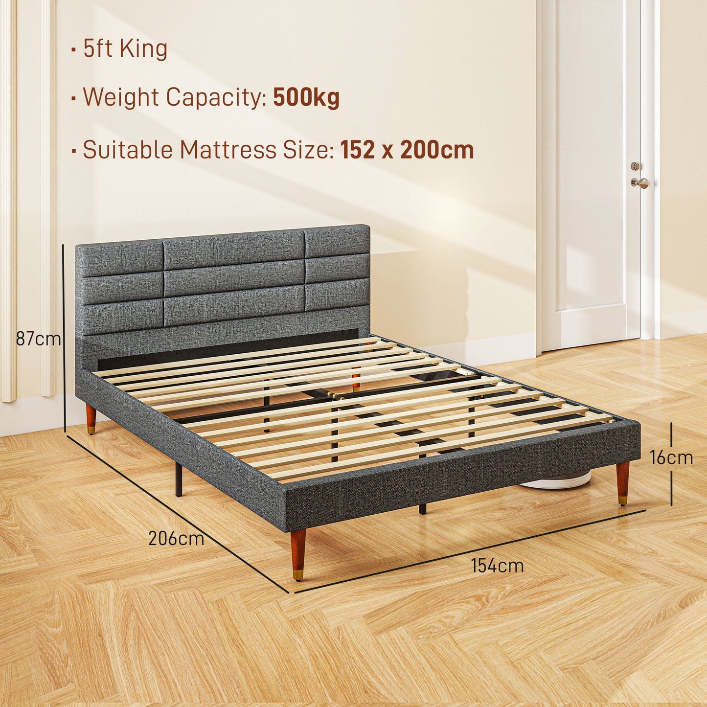 Upholstered King Bed Frame with Wooden Slats - Grey