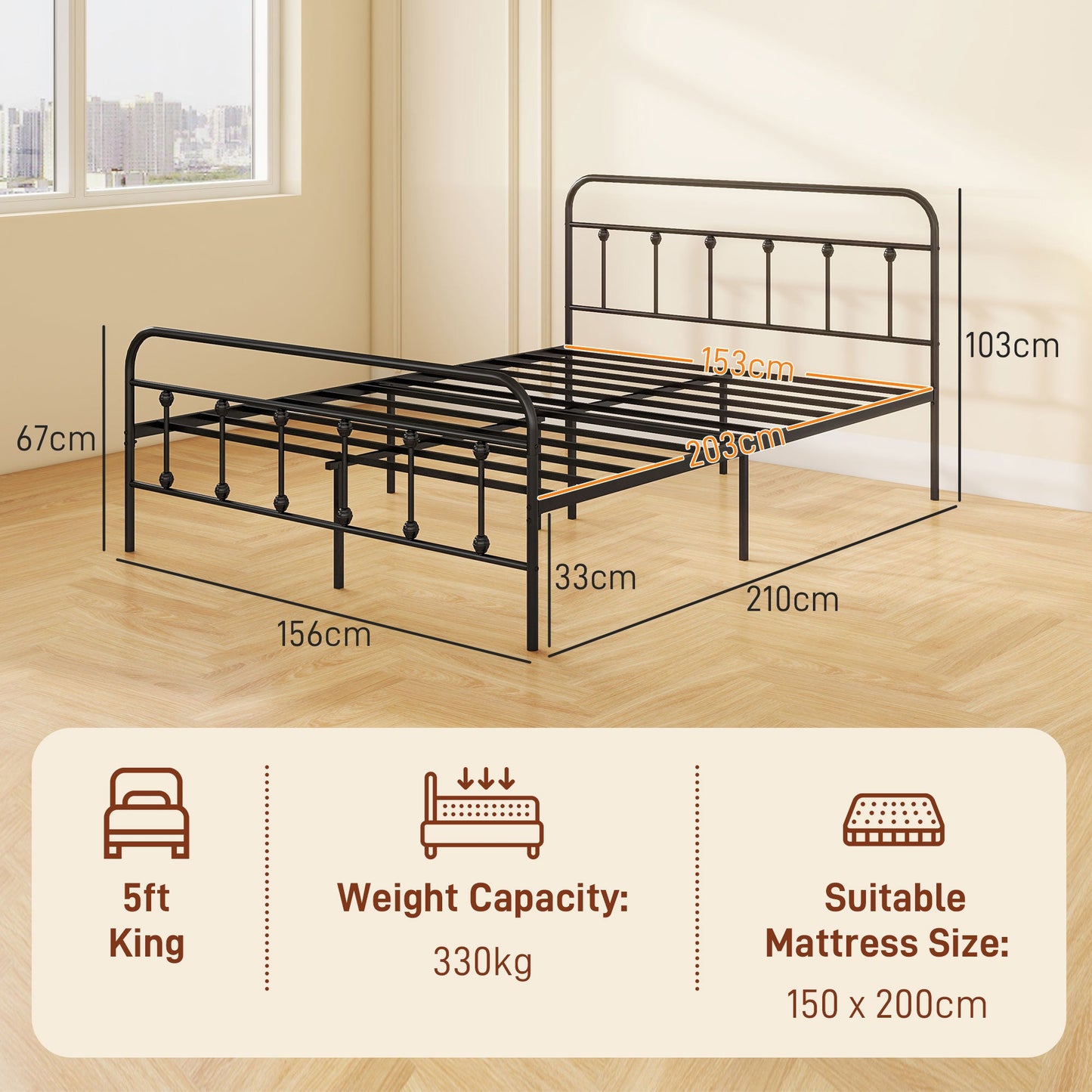 King Size Minimalistic Metal Bed Frame - Durable Black Steel
