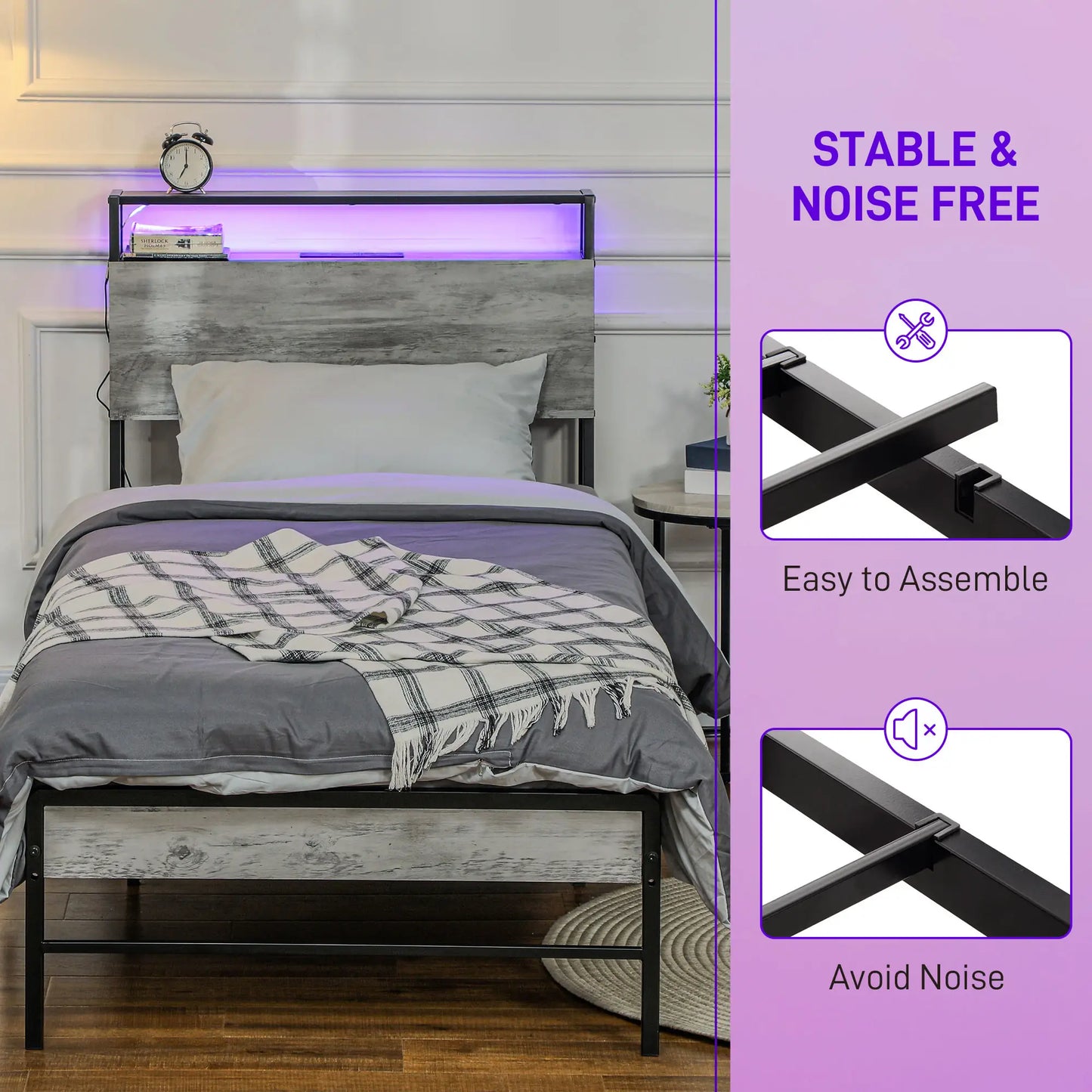 Single Steel Bed Frame with LED Lights and Headboard Shelf - Grey