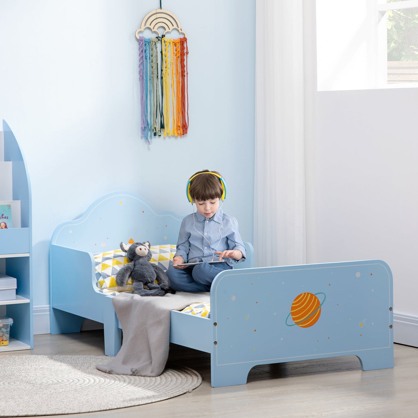 Toddler Bed with Safety Side Rails and Rocket Patterns - Blue