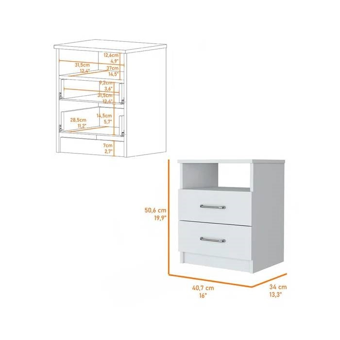 Modern 2-Drawer Nightstand with Open Shelf in White Wood Finish