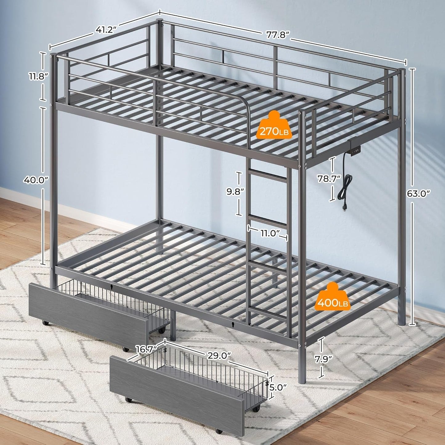 Grey Metal Twin Bunk Bed With USB Charging And Drawers