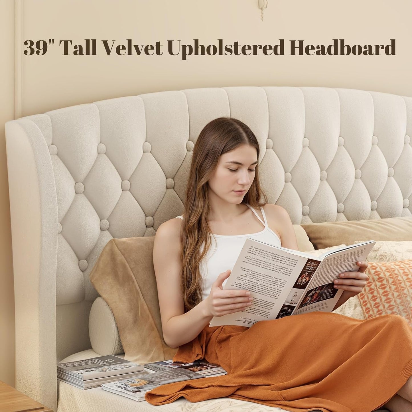 Queen Velvet Sleigh Bed With Wingback Headboard White