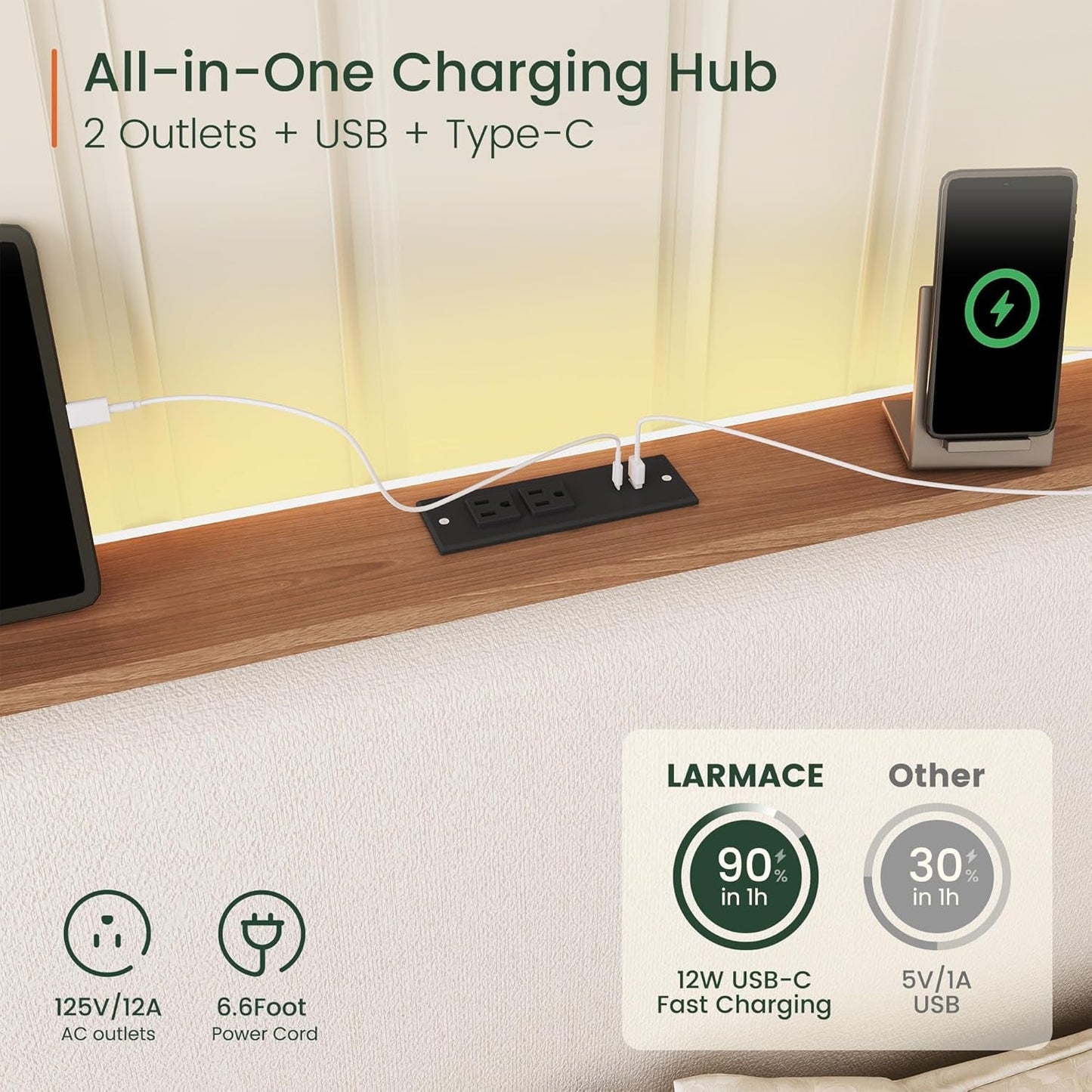 Queen Size Upholstered Bed Frame With LED Lights And USB