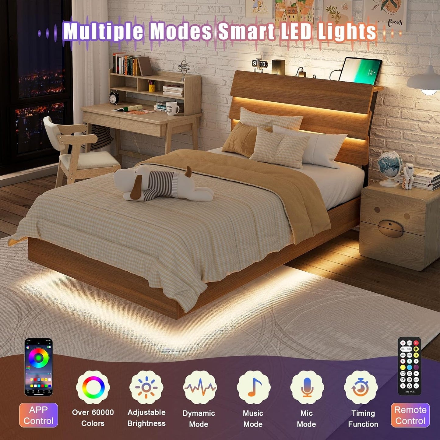 Twin Size Floating Bed Frame With RGB LED Lighting