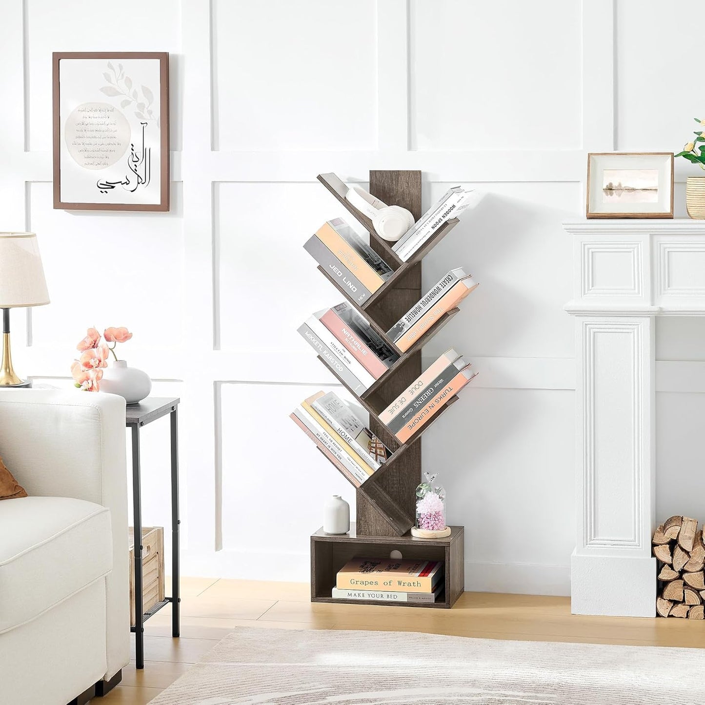 6 Tier Tree Bookshelf Bookcase With Drawer Grey Office