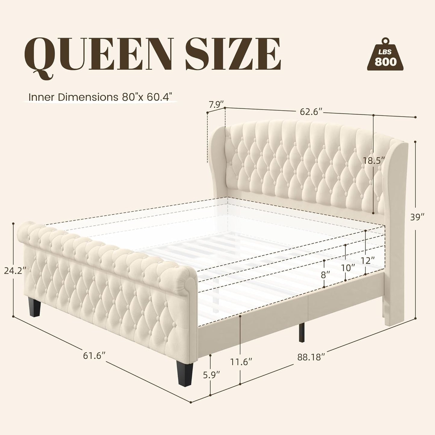 Queen Velvet Sleigh Bed With Wingback Headboard White