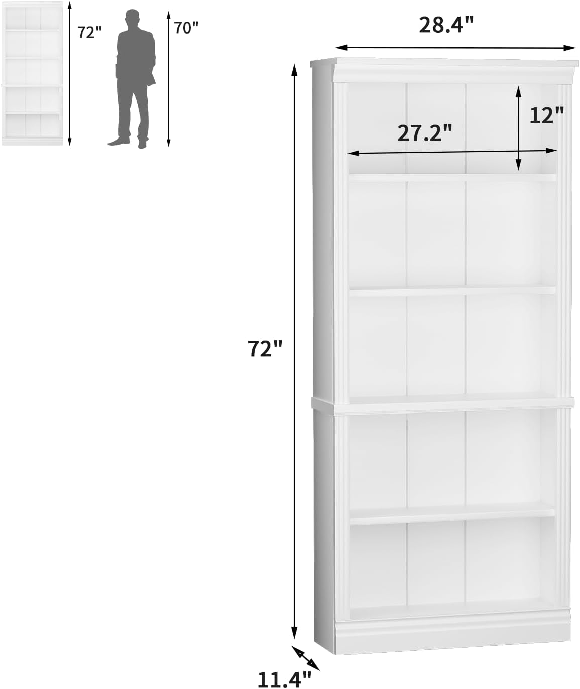 5-Shelf Bookcase Wooden Standing Rack White Living Room