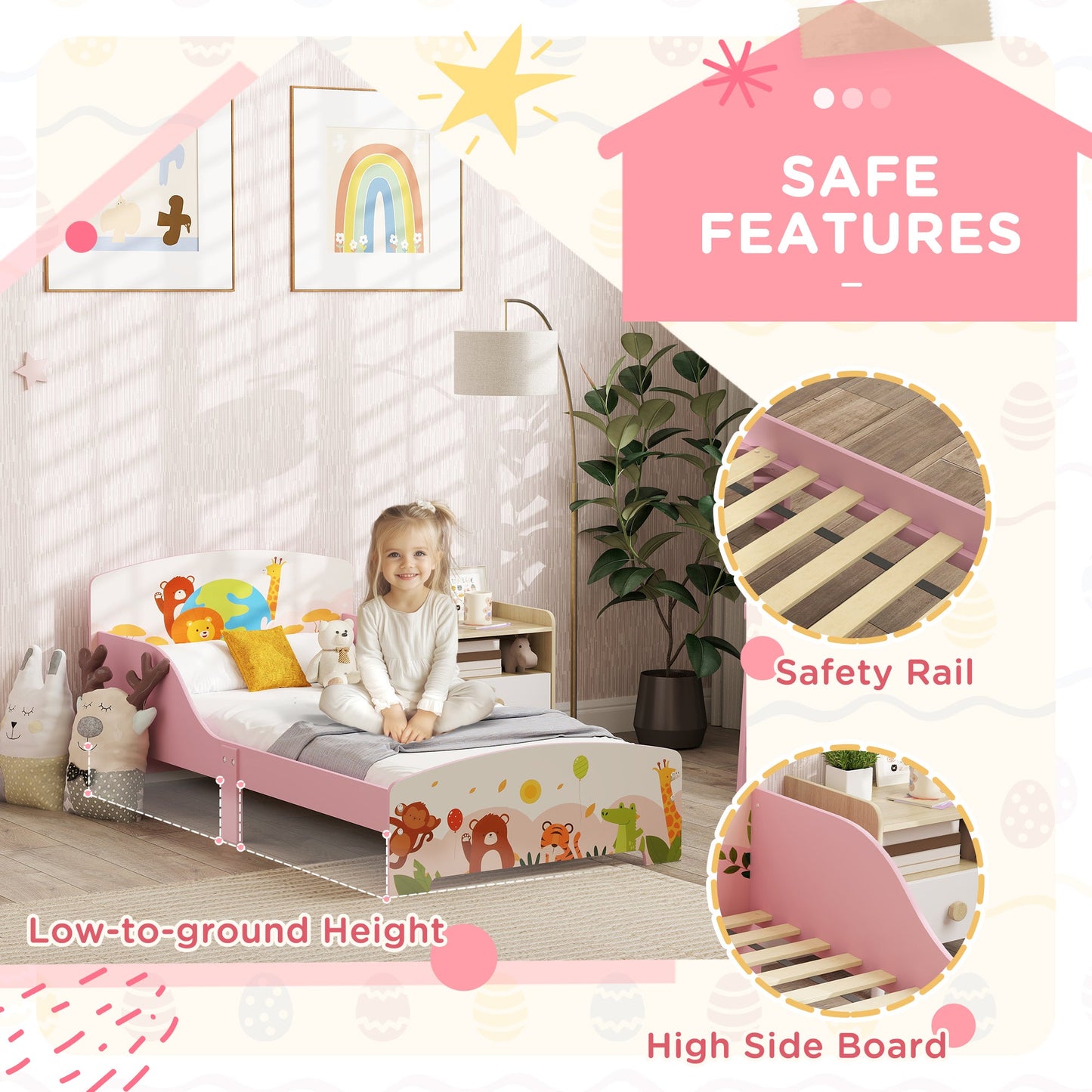 Toddler Bed with Safety Rails and Cute Animal Design - White